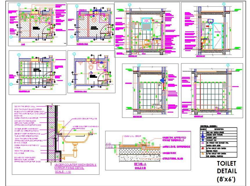 8'x6' Toilet Plan DWG- WC, Basin, Shower & Plumbing Details